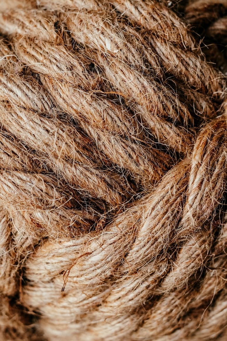 Coiled coconut fiber rope, spun from raw coir